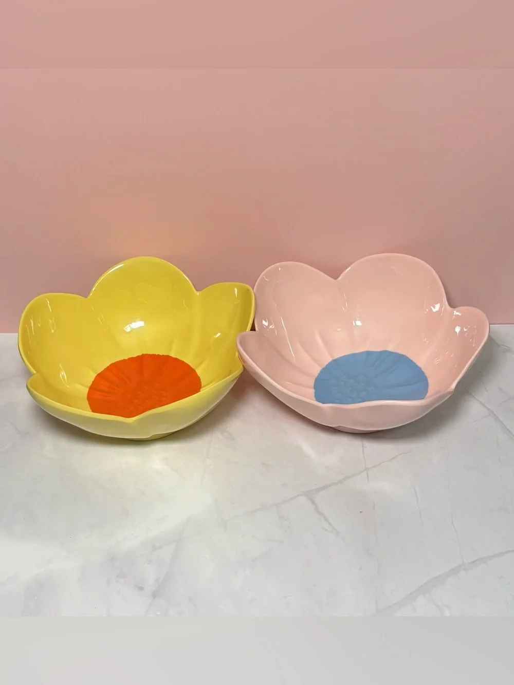 🌼 Melamine Flower Shaped Bowls - Yellow & Pink Set